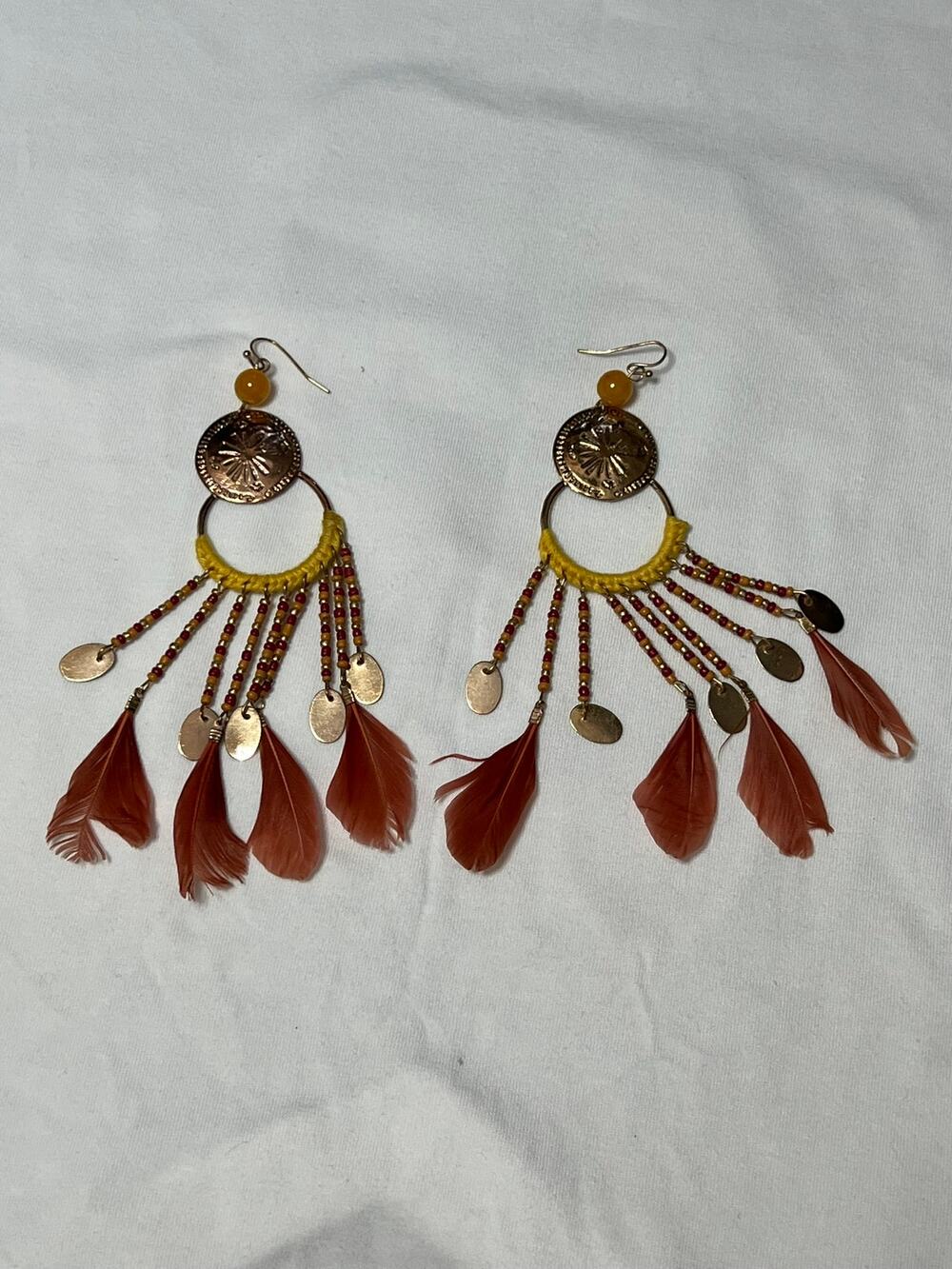 Colorful Boho Feather Dangle Earrings Gold, Brown and Yellow NWT